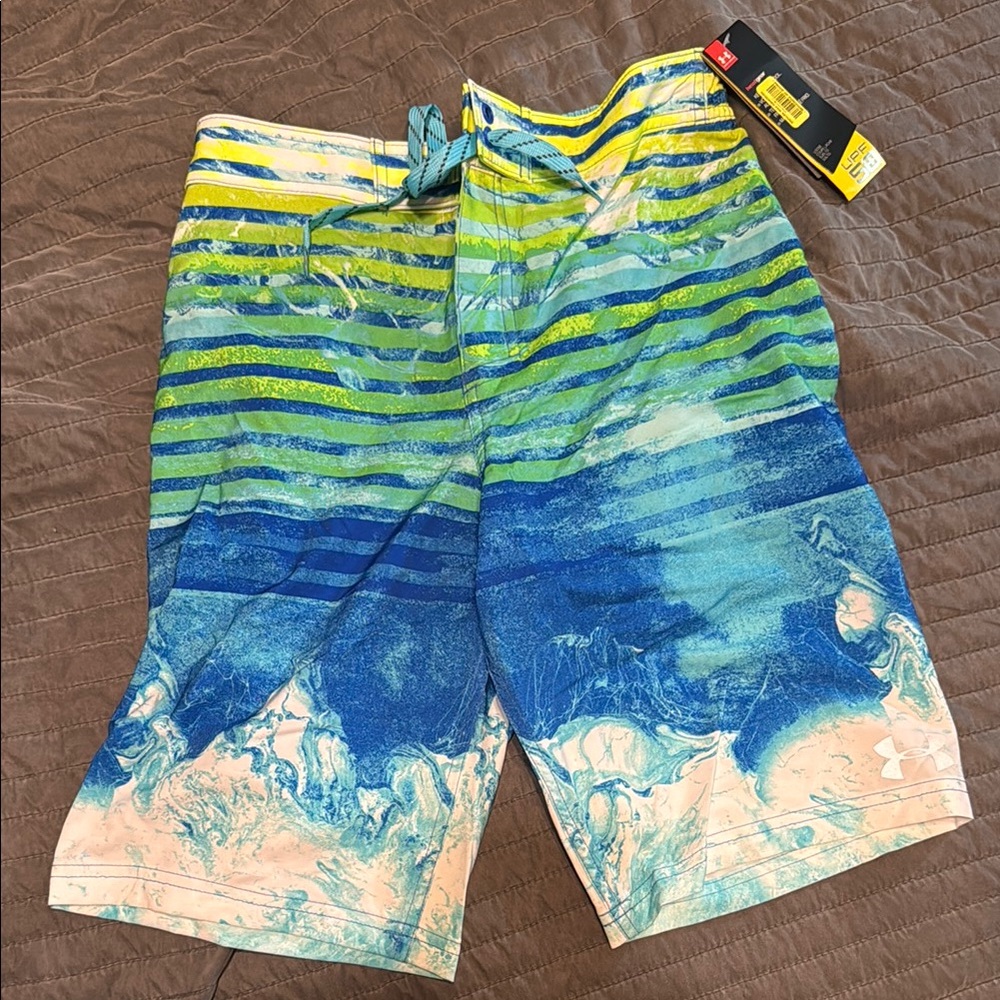 Under Armour Blue and Green Striped Board Shorts NWT